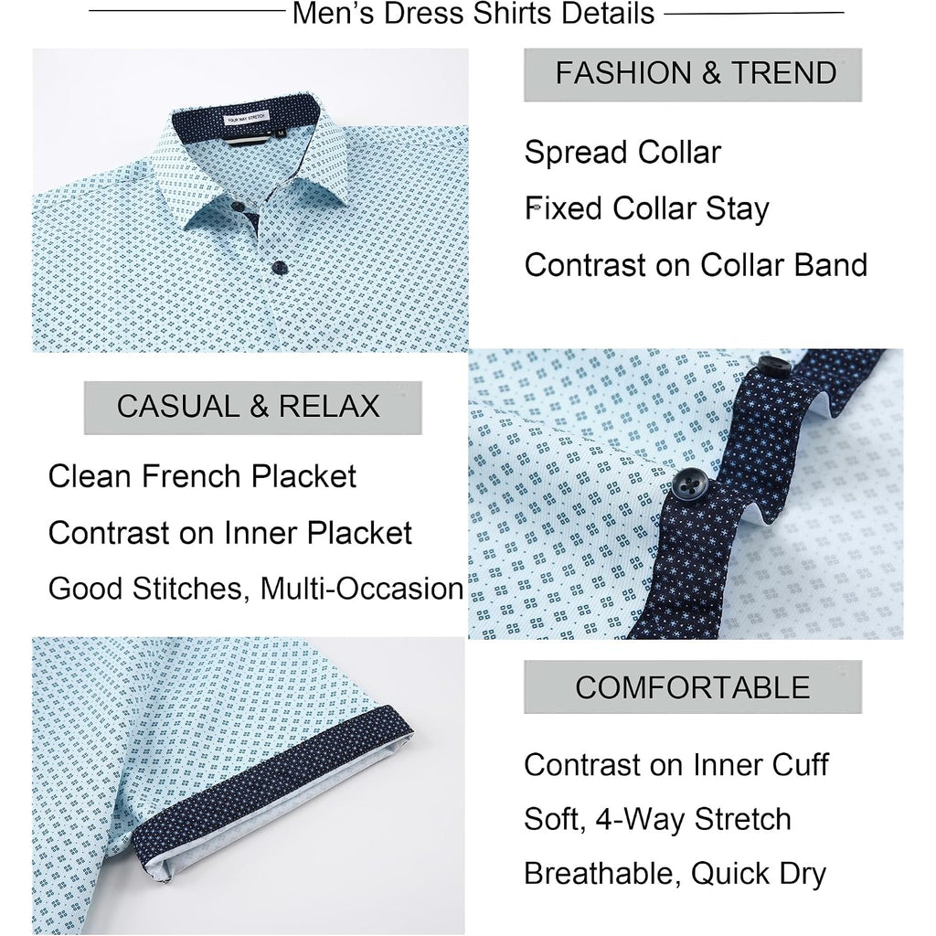 Alex Vando Mens Printed Dress Shirts Easy Care Button Down Shirt | Four-Way Flexible Weave, Inner Collar & Cuff Contrast, Anti-Wrinkle Texture, Lightweight, Great Present For Male Relatives