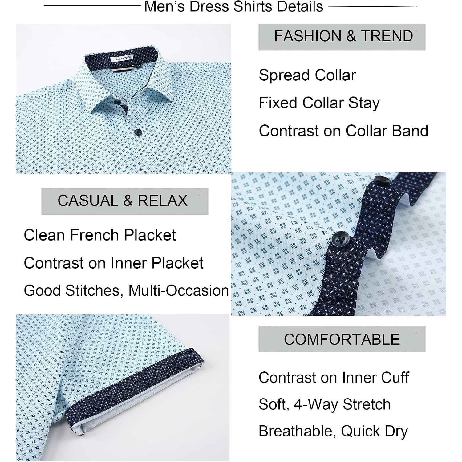 Alex Vando Mens Printed Dress Shirts Easy Care Button Down Shirt | Four-Way Flexible Weave, Inner Collar & Cuff Contrast, Anti-Wrinkle Texture, Lightweight, Great Present For Male Relatives