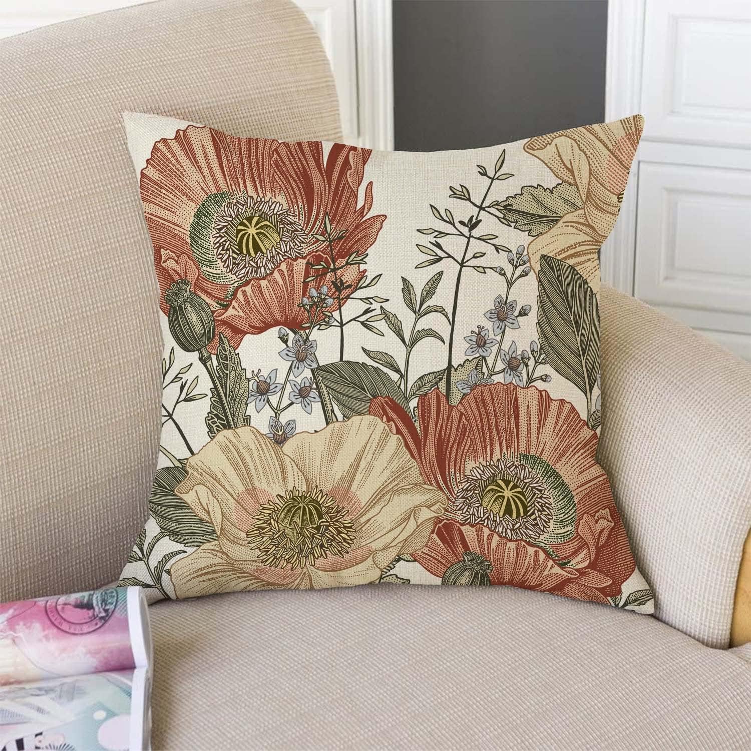 Tssohu Vintage Flowers Pillow Cover Rustic Cotton Linen Decorative Square Throw Pillow Cover 18X18 Inch For Sofa Couch Decoration