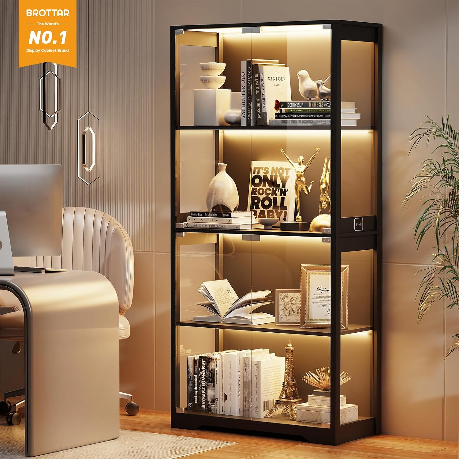 Brottar Display Cabinet With Glass Doors, 4-Tier Display Case, Black | Curio Cabinet With 3 Color Lights For Collectibles, Storage Cabinets With Human Body Sensor