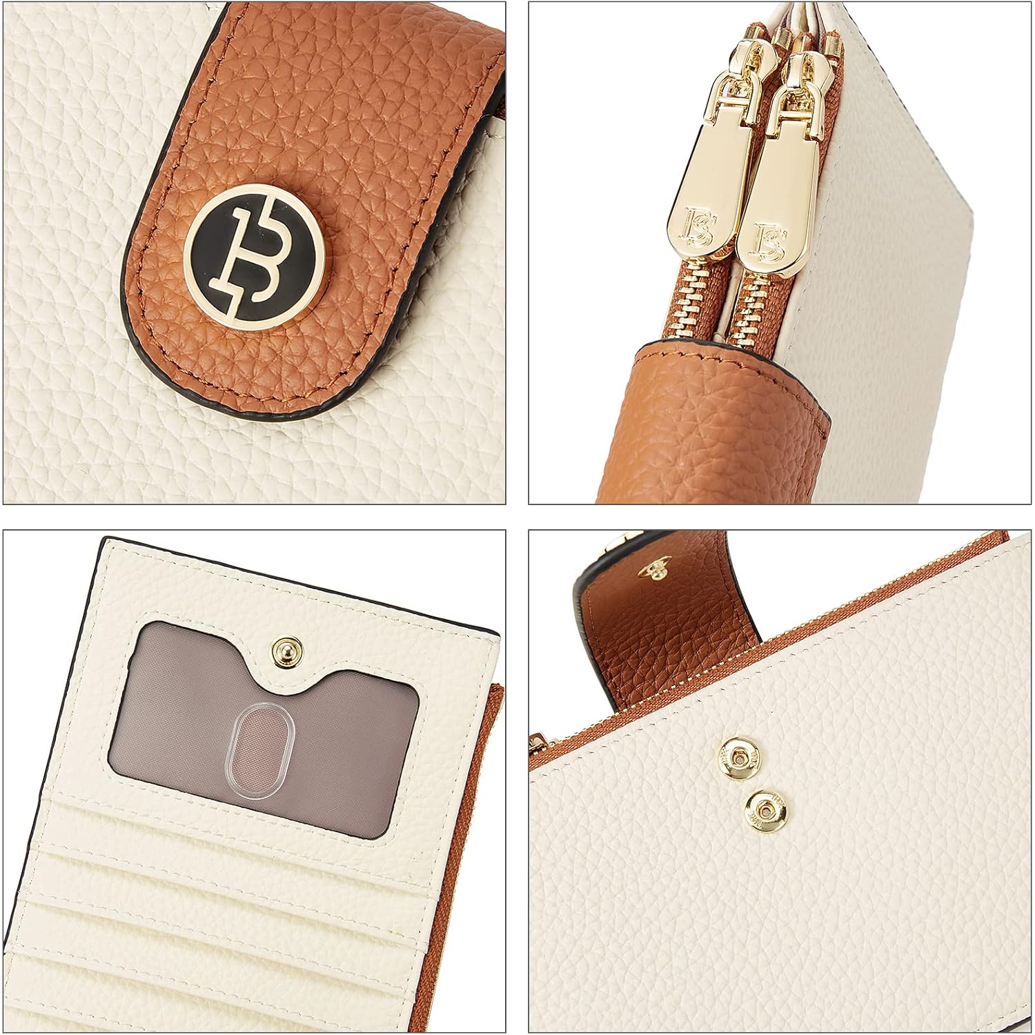 BOSTANTEN Leather Wallets for Women Large RFID Blocking Slim Bifold Purse Card Holder with Zipper Pocket Beige Brown