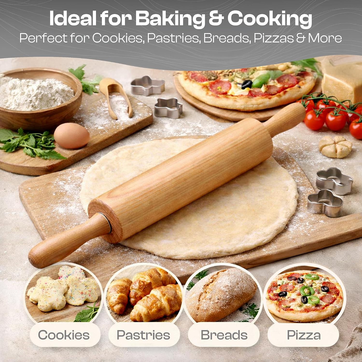 Wooden Rolling Pin – Classic Beech Wood Dough Roller For Baking Pizza, Pastry, Bread, And Cookies