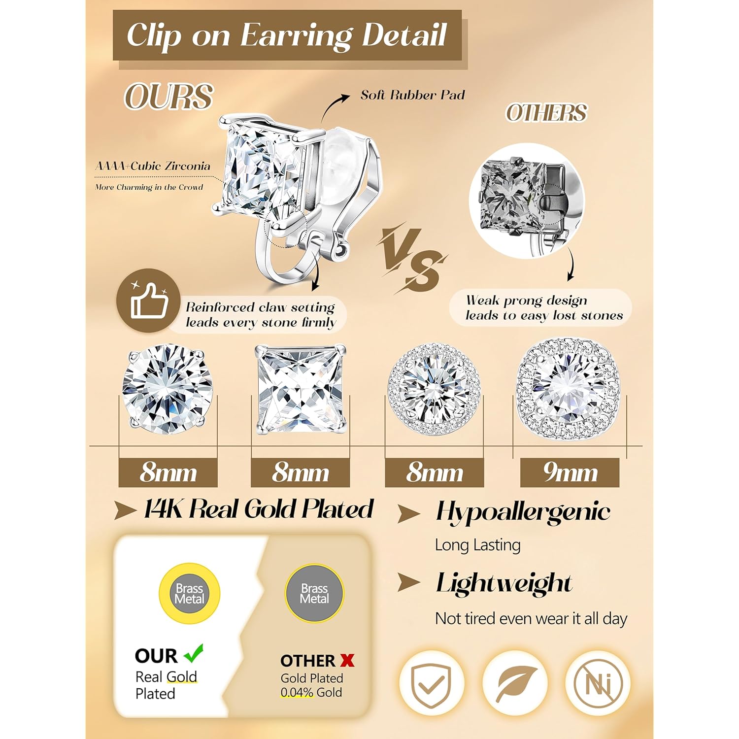 Thunaraz Cubic Zirconia Clip on Earrings - Women Hypoallergenic Comfortable Non Pierced Stud Earrings for Wedding and Dance Competitions, Clip-on Earrings Silver Gold
