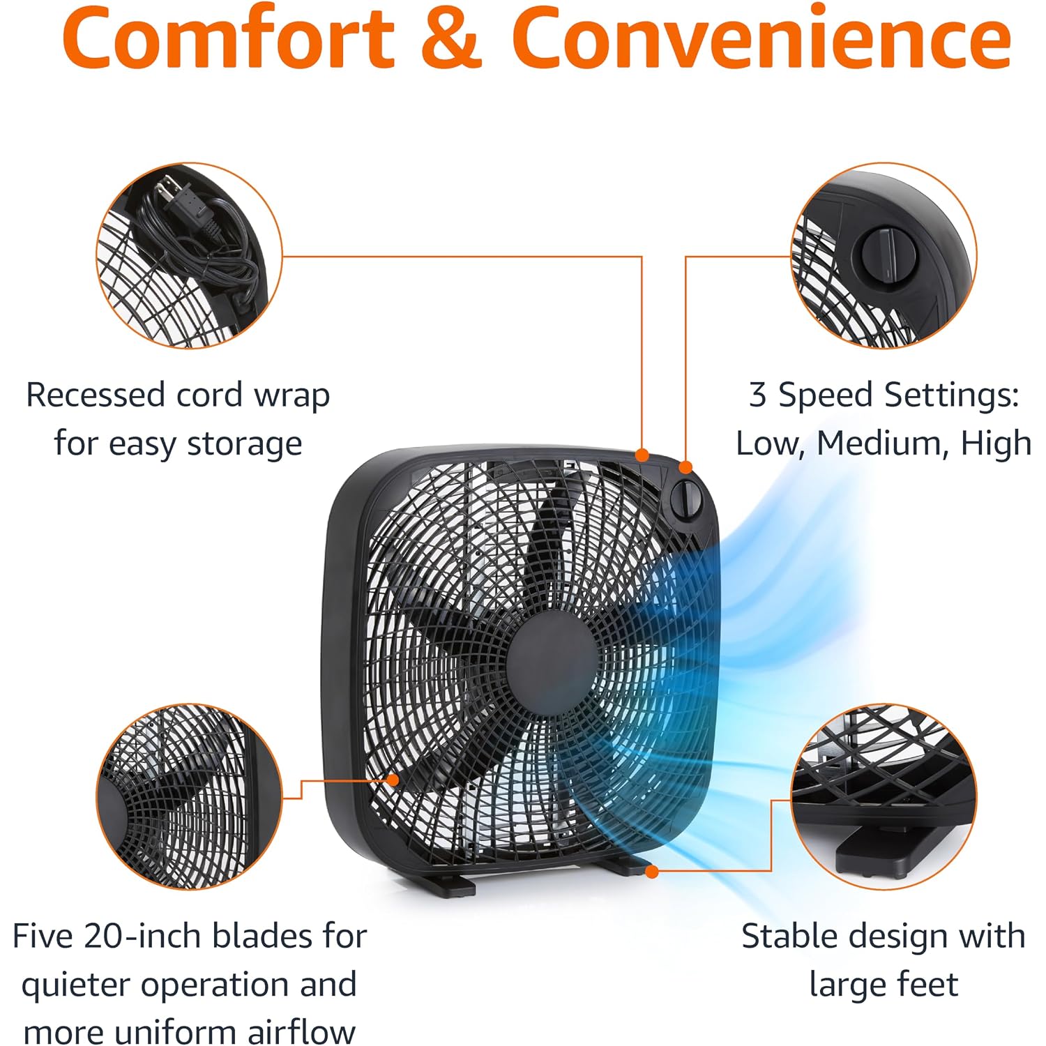 Amazon Basics 3-Speed Box Fan For Bedroom, Portable With Carry Handle, Powerful Airflow, 5 Blades, Lightweight Design, 67 Watts, 20-Inch, Black, 6.8"D X 20.86"W X 21.33"H