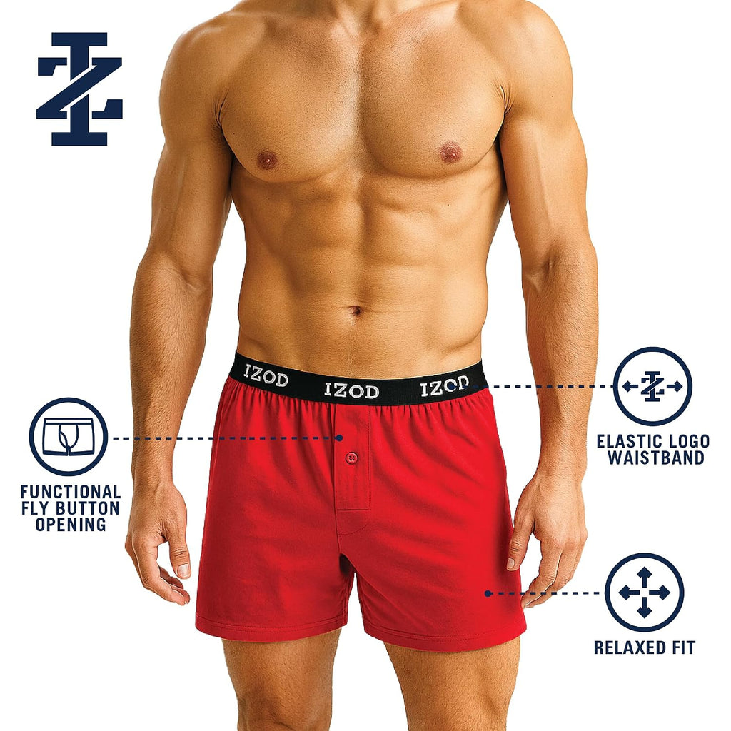 Izod Mens Underwear Boxer Shorts - 8 Pack Soft Performance Knit 4'' Inseam Relaxed Fit Cotton Boxers For Men With Button Fly