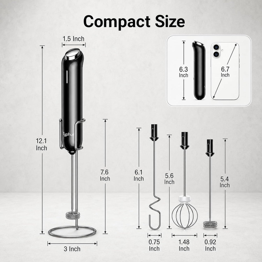 Instawhisk Upgraded Milk Frother With Variable Speed - Rechargeable Handheld Coffee Frother Wand With Detachable Whisks, Electric Drink Mixer For Latte, Cappuccino, Matcha, Almond Milk, Protein, Black