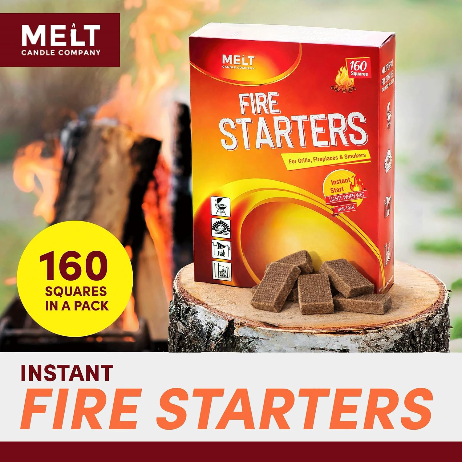 Fire Starter Squares, 160 Count, Campfire, Charcoal Grill & Wood Stove