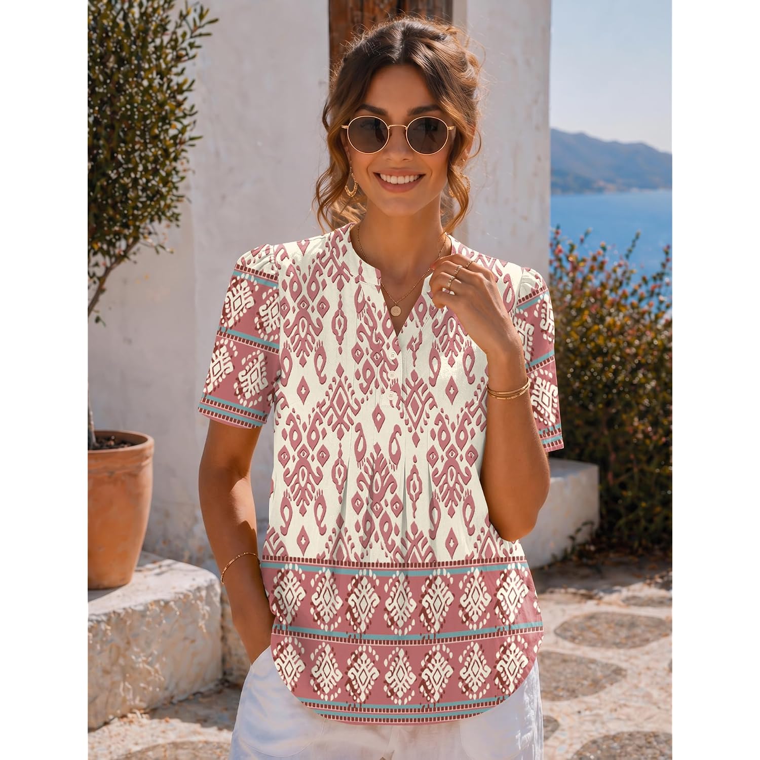 Lomon Womens Summer Tops Boho V Neck Pleated Blouses Dressy Casual Short Sleeve Shirts Vacation Outfits