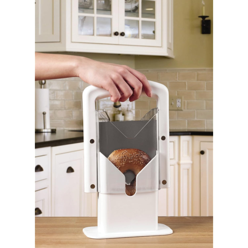 Hoan Bagel Biter Slicer and Cutter with Safety Shield - Serrated Blade Cuts Bagels, Muffins, Buns and Rolls - Dishwasher Safe Bagel Guillotine, 9.25 Inches Tall, White