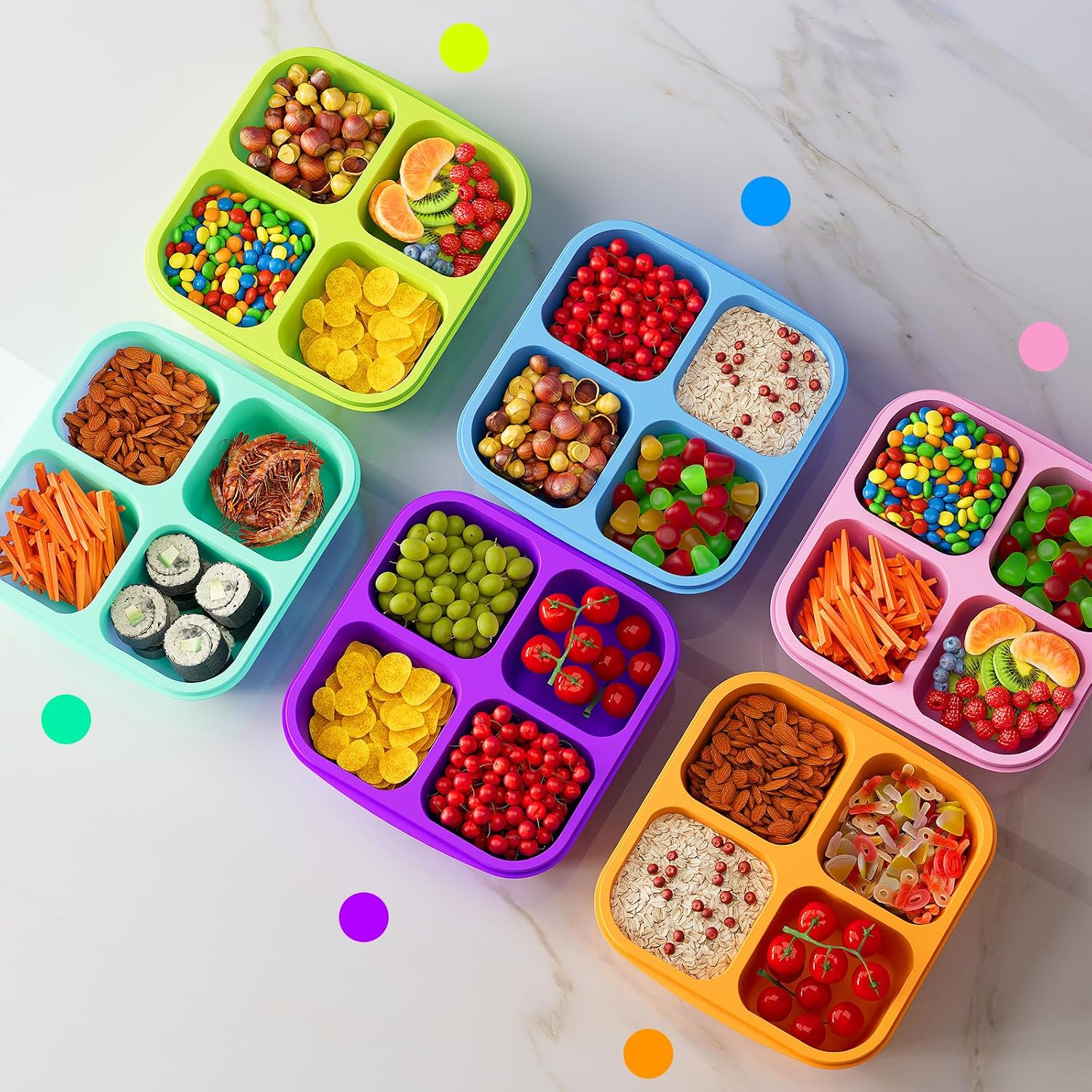 6 Pcs Bento Snack Containers, Reusable 4 Compartment Food Storage Container With Lids, Divided Lunchable Container, Freezer, Microwave & Dishwasher Safe (6 Color)