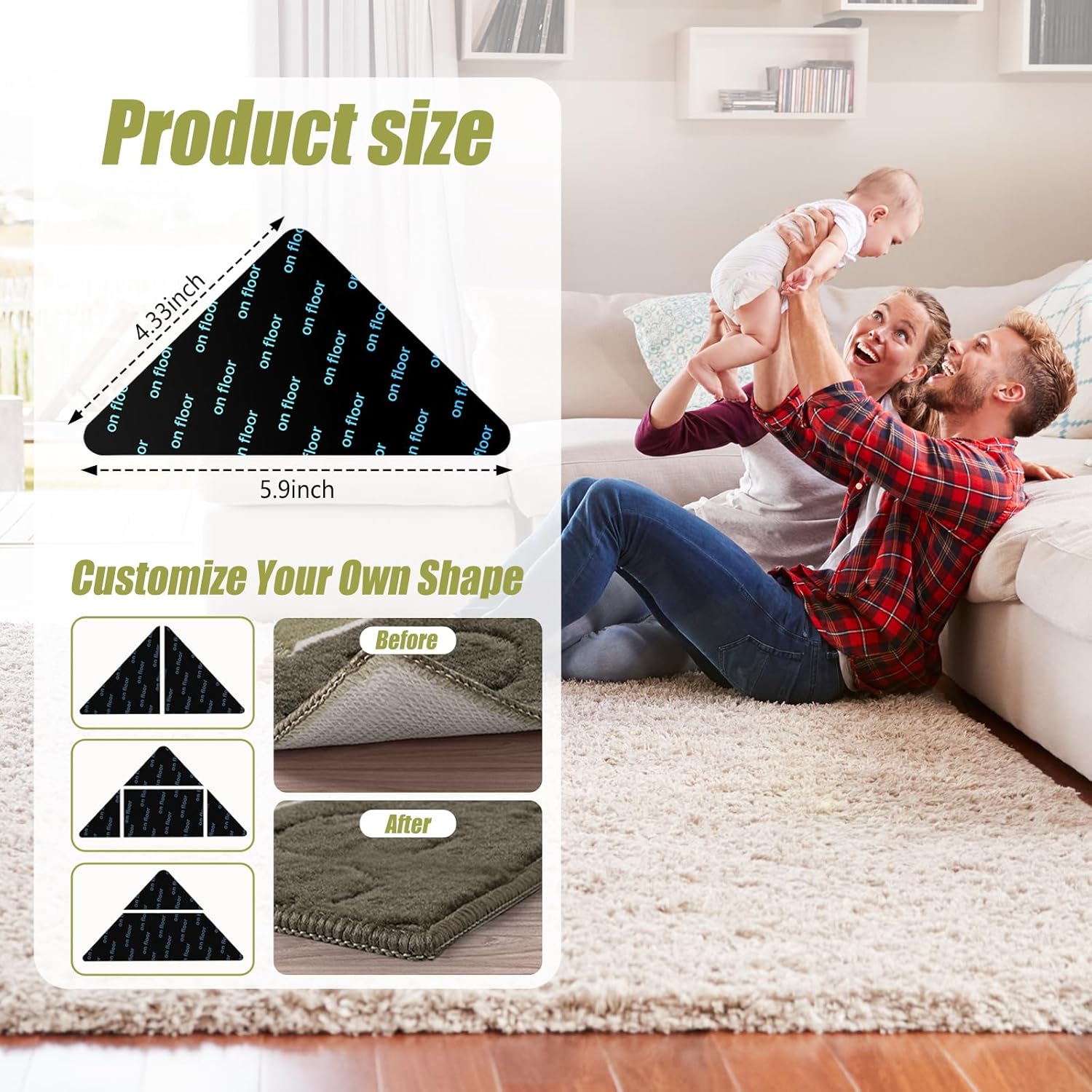 12 Pcs Rug Tape, Non Slip Carpet Tape for Hardwood Floors, Double-Sided Adhesive Rug Stickers Keep Corners Flat, No Residue/BPA-Free
