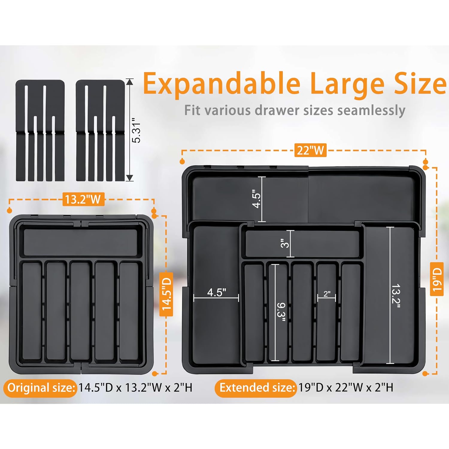 Silverware Organizer - Expandable Large Kitchen Drawer Organizer Utensil Organizer With 2 Removable Knife Blocks, 22"X 19"Cutlery Tray Drawer Dividers For Kitchen Flatware(6-9 Slots) (Black)
