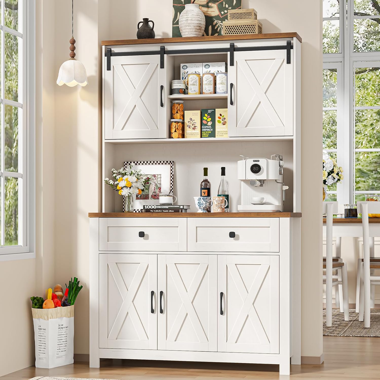 67.7 Inch Farmhouse Pantry Storage Cabinet With Sliding Barn Doors, 2 Drawer Farmhouse Coffee Cabinet With Adjustable Shelf, Side Board With Buffet Cupboard For Livingroom Kitchen, White