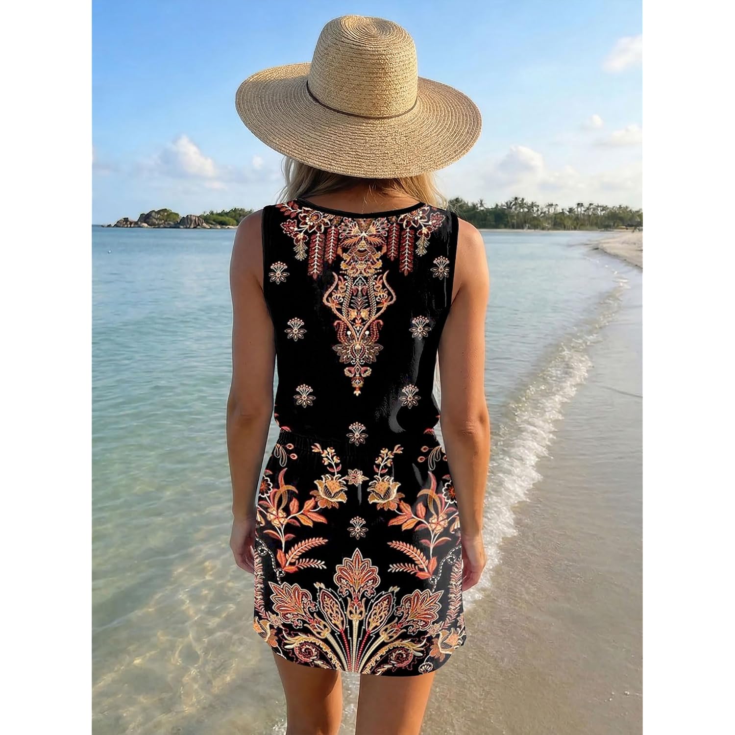 Saukole Womens Sleeveless T Shirt Dresses Casual Cute Floral Print Short Dress Summer Fashion Front Pockets