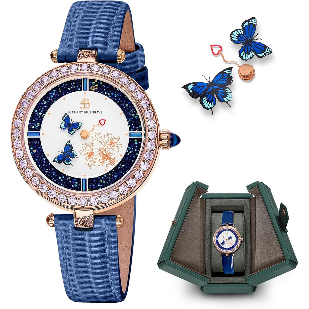 Black By Blue Brave Butterfly Watch For Women, Moving Butterfly Hands | Sapphire Crystal, Genuine Leather, 40 Cz Stones — Unique Gift Watch For Wife, Daughter, Birthday, Elegant Every Day