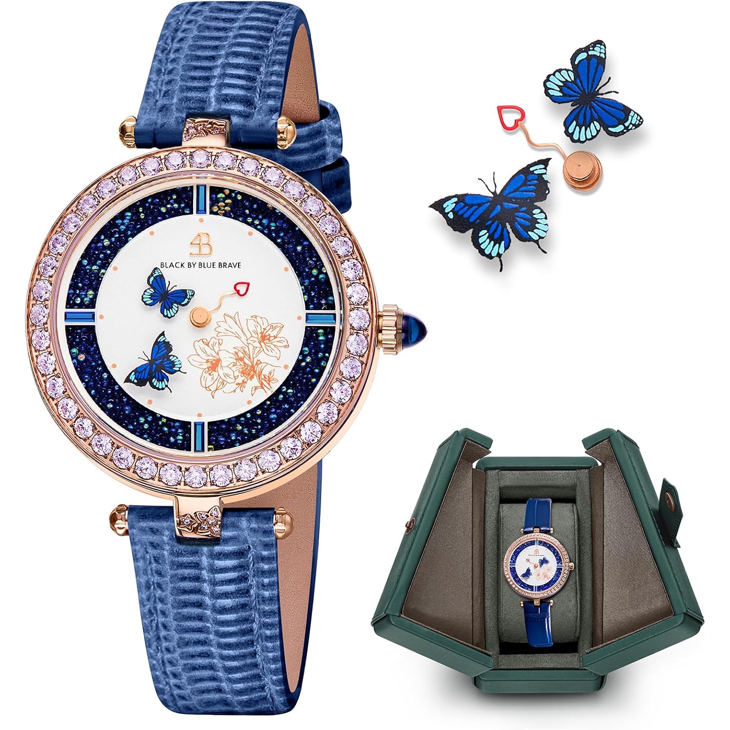 Black By Blue Brave Butterfly Watch For Women, Moving Butterfly Hands | Sapphire Crystal, Genuine Leather, 40 Cz Stones — Unique Gift Watch For Wife, Daughter, Birthday, Elegant Every Day