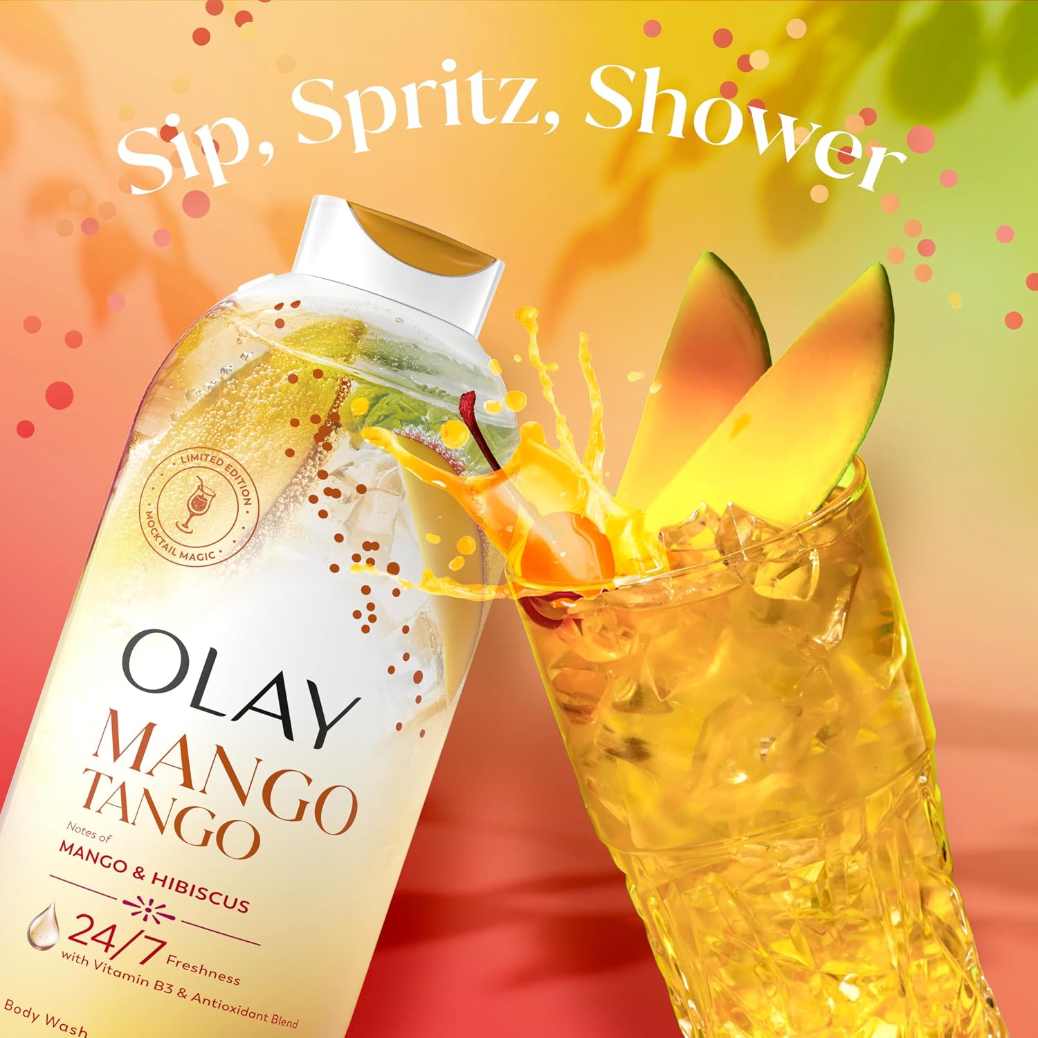 Olay Body Wash For Women, 24/7 Skin-Loving Freshness, Miami Mocktails, Plant Based Cleansers, Vitamin B3 & Antioxidant Blend, For All Skin Types, Mango Tango With Mango & Hibiscus Scent, 22 Fl Oz