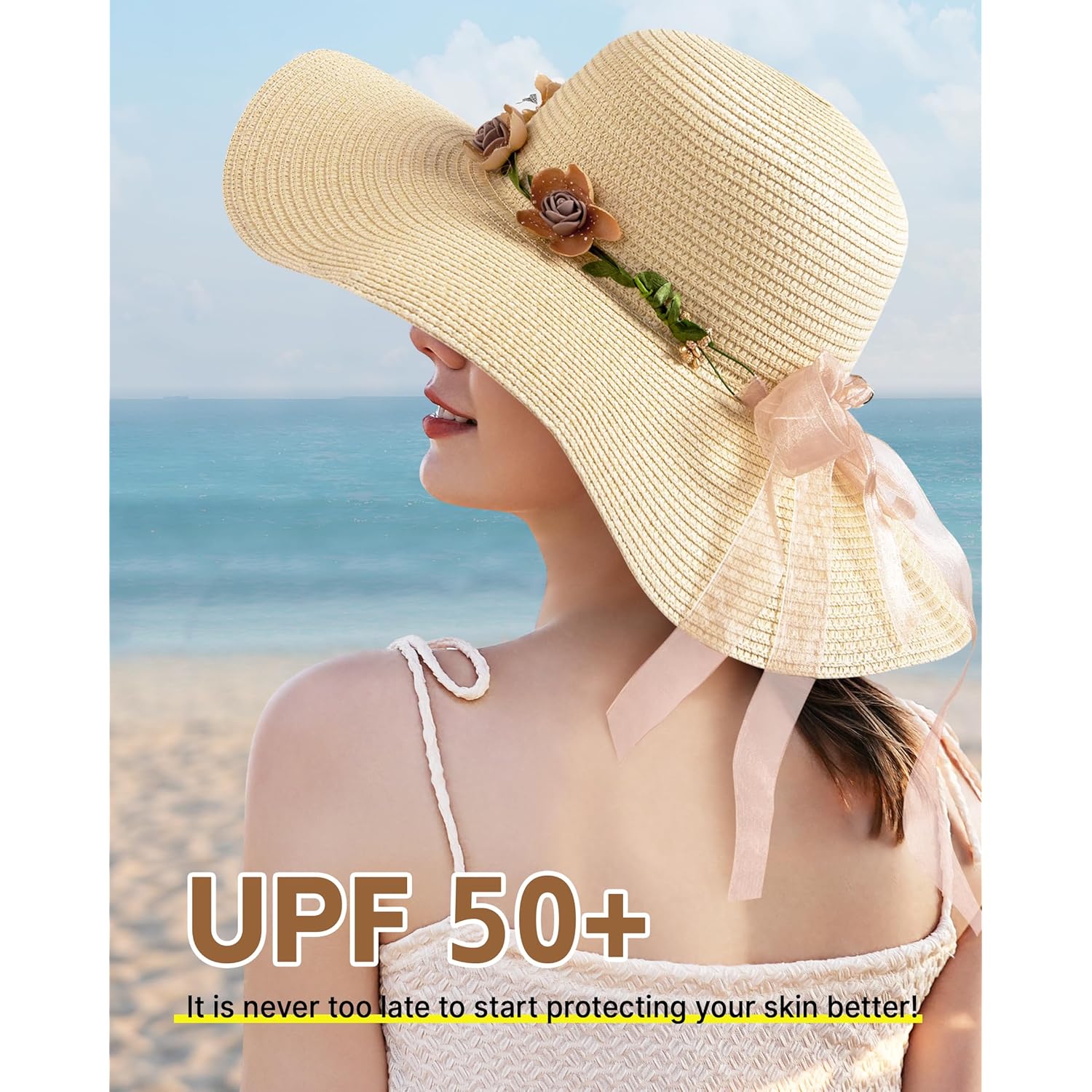 Beach Hats for Women, Wide Brim Sun Straw Hat for Women, Sun Hat UPF 50+ UV Protection