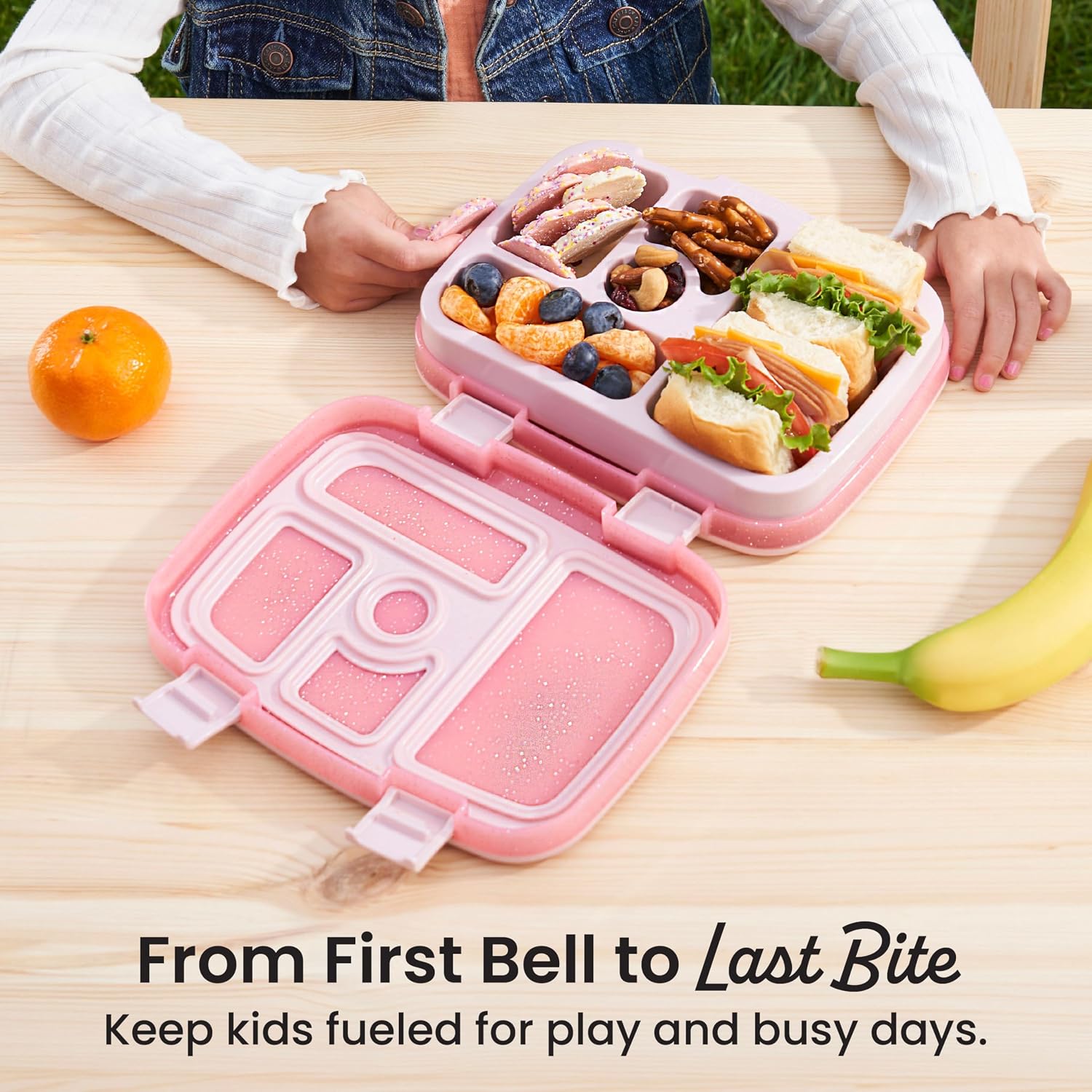 Bentgo Kids Bento-Style 5-Compartment Leak-Proof Lunch Box - Just-Right Portions Ages 3-7, Durable, Drop-Proof, Dishwasher Safe, Pfas & Bpa-Free & Made With Food-Safe Materials (Petal Pink Glitter)