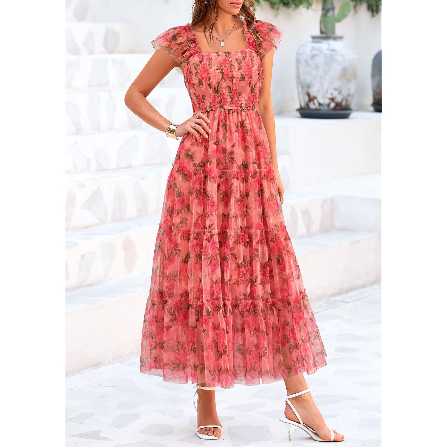 Prettygarden Women'S Summer Tulle Midi Dress Sleeveless Smocked Ruffle Flowy Mesh Dresses Party Wedding Guest Sundress