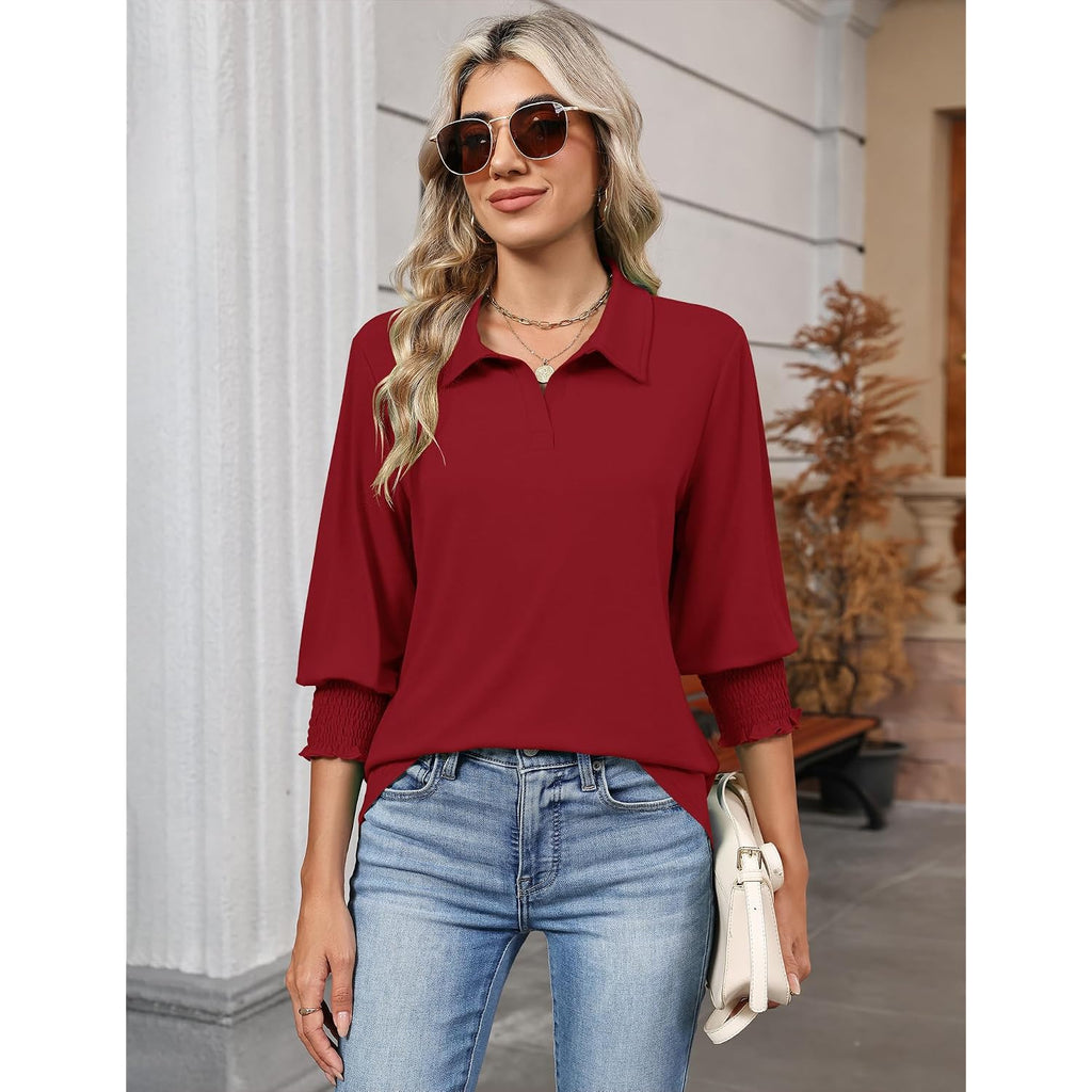 Ivicoer Womens 3/4 Length Sleeves Polo Shirts Collared Tops Business Casual Blouses Basic Tees Trendy Outfits Spring Clothes