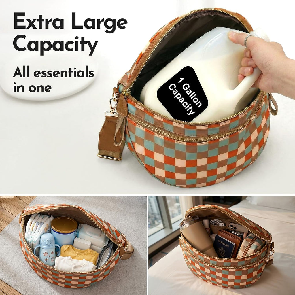 Checkered Crossbody Bag Nylon Bum Bags For Women Spacious Handbags Plus Size Sling Bag For Women