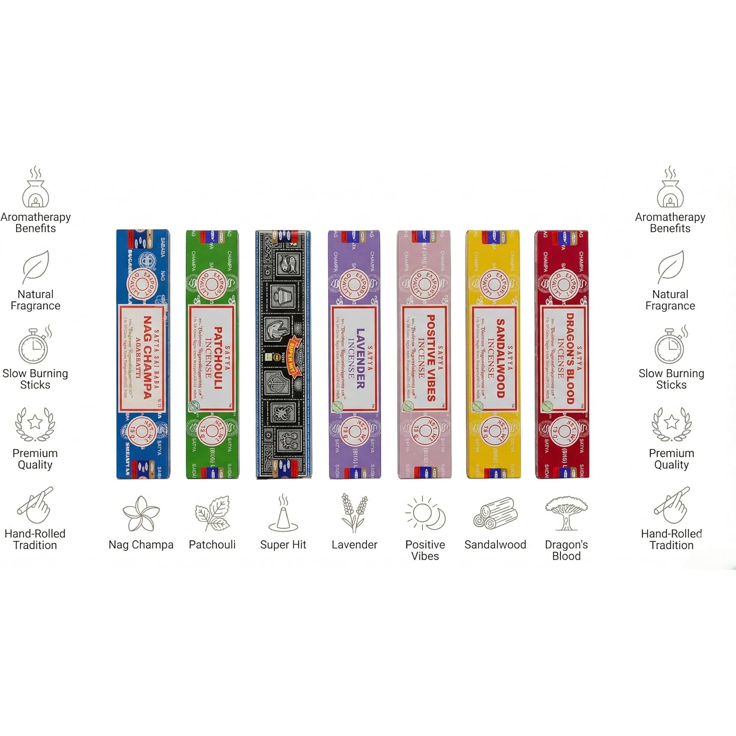 Satya Incense Gift Set Nag Champa, Super Hit, Dragon'S Blood, Sandalwood, Patchouli, Lavender, Positive Vibes, 15 G