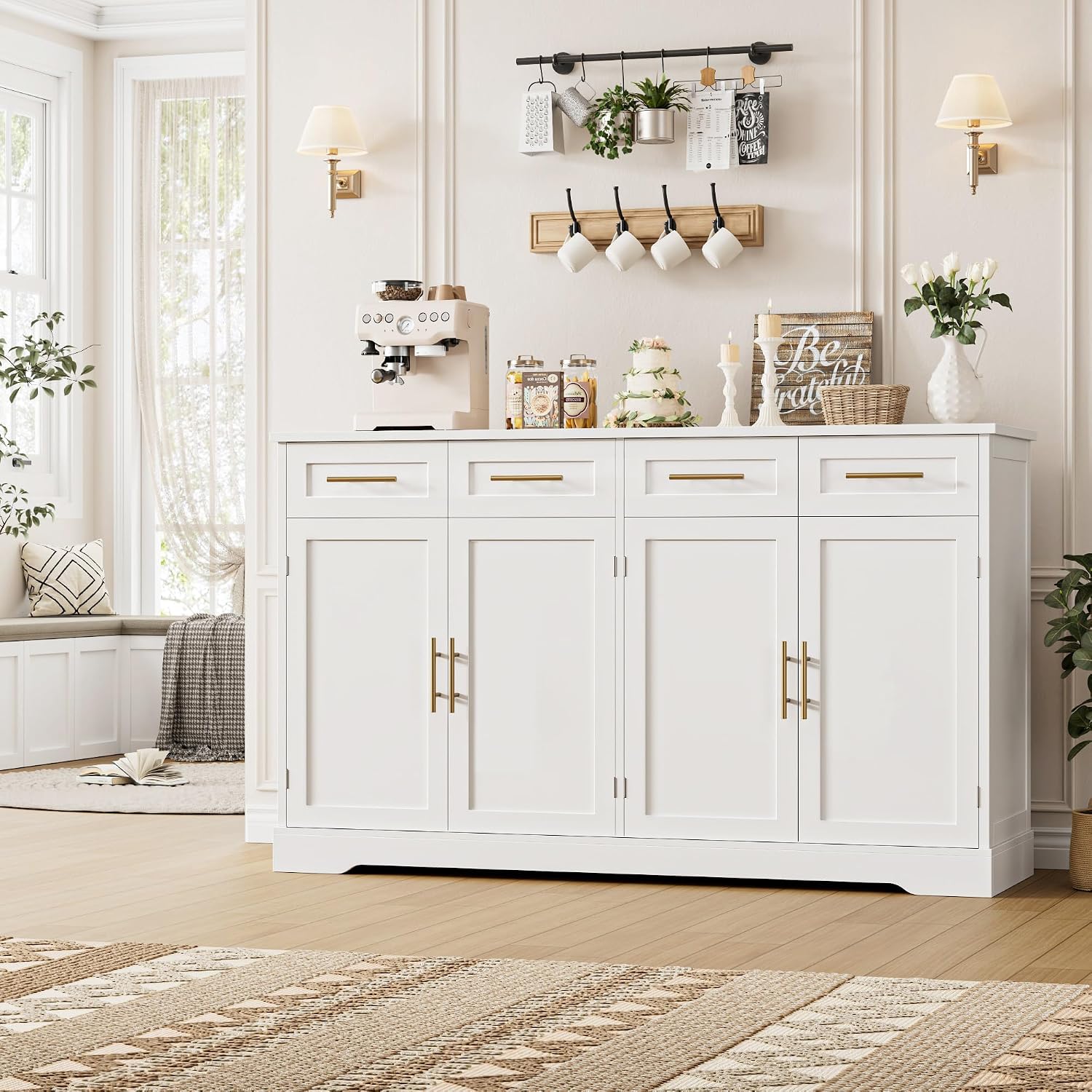 Hostack 60" W Sideboard Buffet Cabinet With Storage, Kitchen Cabinet, White | 36" Tall Kitchen Buffet Storage Cabinet With 4 Drawers, Large Coffee Bar Cabinet, Modern Buffet Table For Dining Living Room