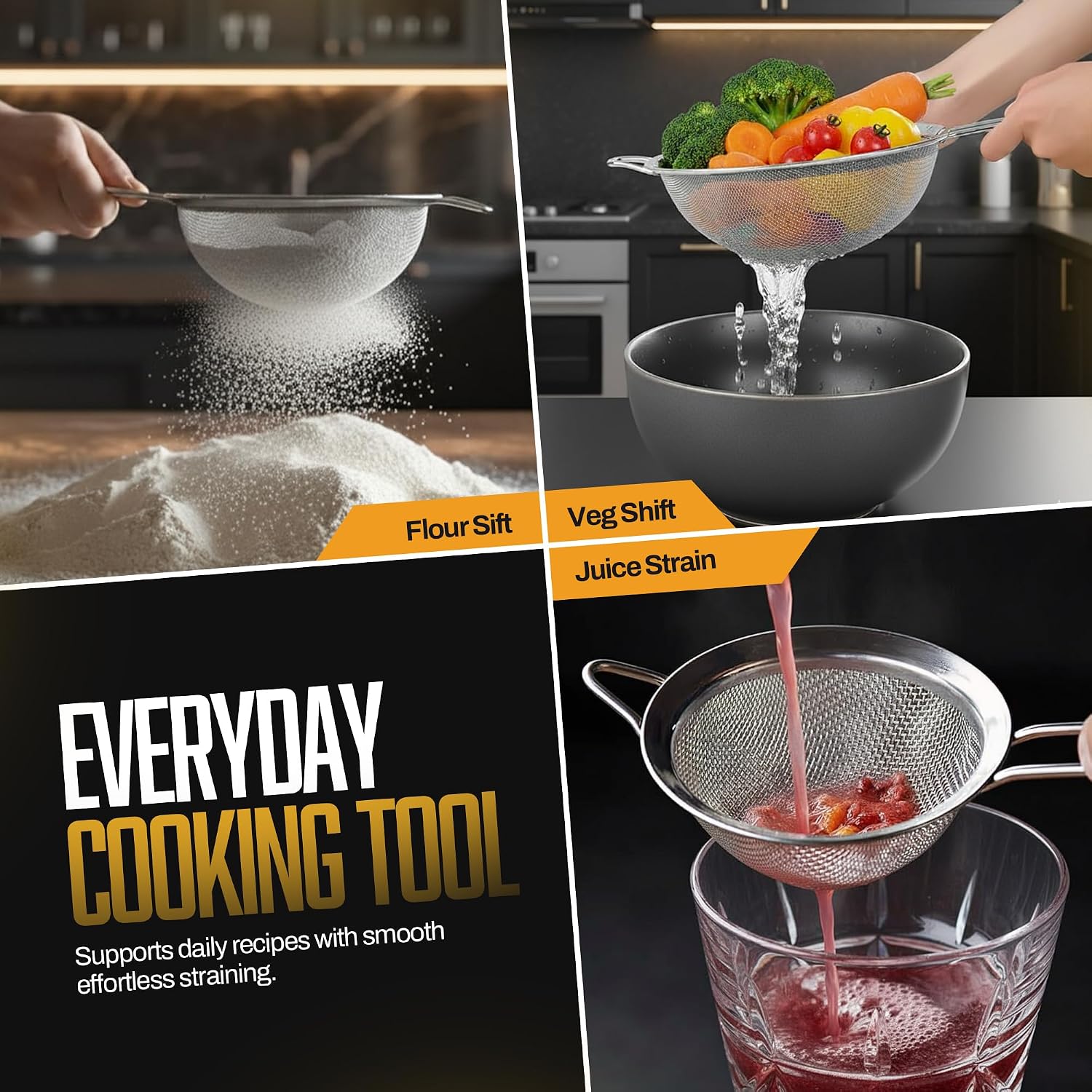 Eleen Premium Stainless Steel Fine Mesh Strainers For Kitchen 3-Piece Set With Non-Slip Handle, Small, Medium & Large Sieves, Colanders And Sifter For Sifting, Straining, Pastas Tea, Rice Vegetables