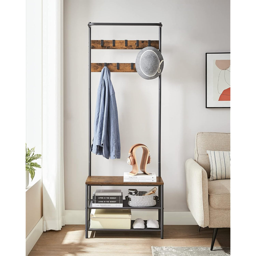 VASAGLE Hall Tree with Bench and Shoe Storage, Entryway Bench with Coat Rack Stand and Shoe Rack, 9 Movable Hooks, Top Bar, Fabric Shelves, Industrial, Rustic Brown and Black UHSR411B01