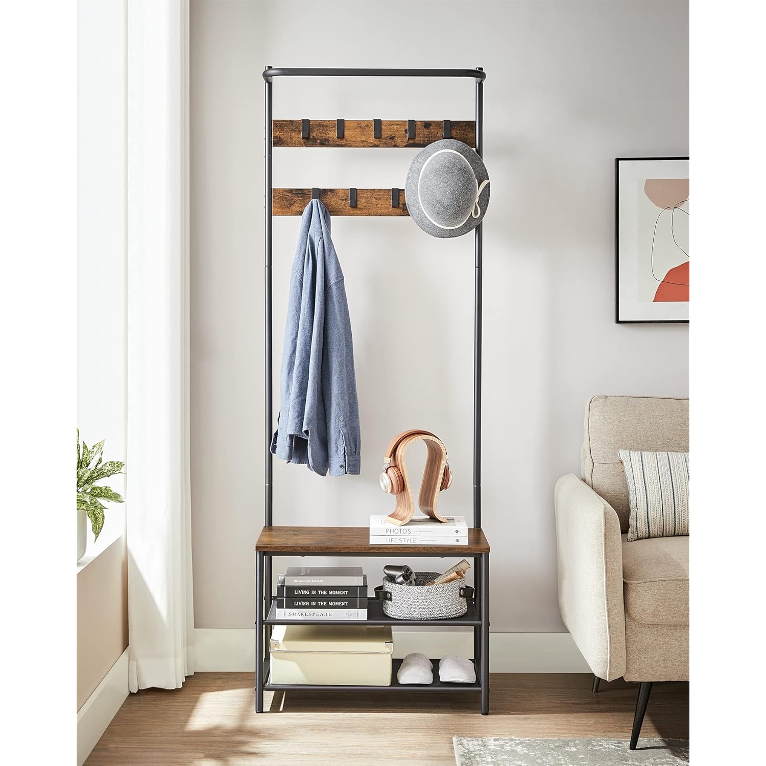 VASAGLE Hall Tree with Bench and Shoe Storage, Entryway Bench with Coat Rack Stand and Shoe Rack, 9 Movable Hooks, Top Bar, Fabric Shelves, Industrial, Rustic Brown and Black UHSR411B01