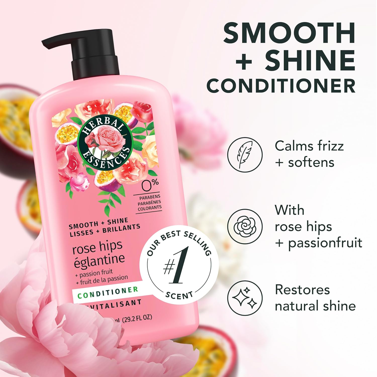 Herbal Essences Conditioner, Rose Hips + Passionfruit - Smooth Collection, Shiny Hair with Vitamin E & Jojoba, Safe for Color Treated Hair, Floral Scent, Cruelty-Free, Dermatologist-Tested, 29.2 Fl Oz