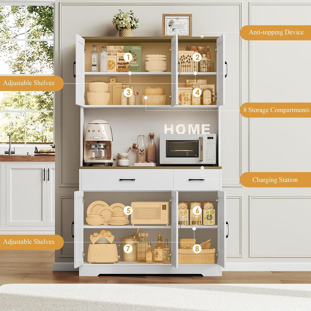 Hostack 71"H Kitchen Pantry Storage Cabinet, Farmhouse Hutch Cabinet, White | Space-Saving Pantry Cabinet With Charging Station & 2 Large Drawers & Adjustable Shelves, Tall Kitchen Hutch For Dining Room