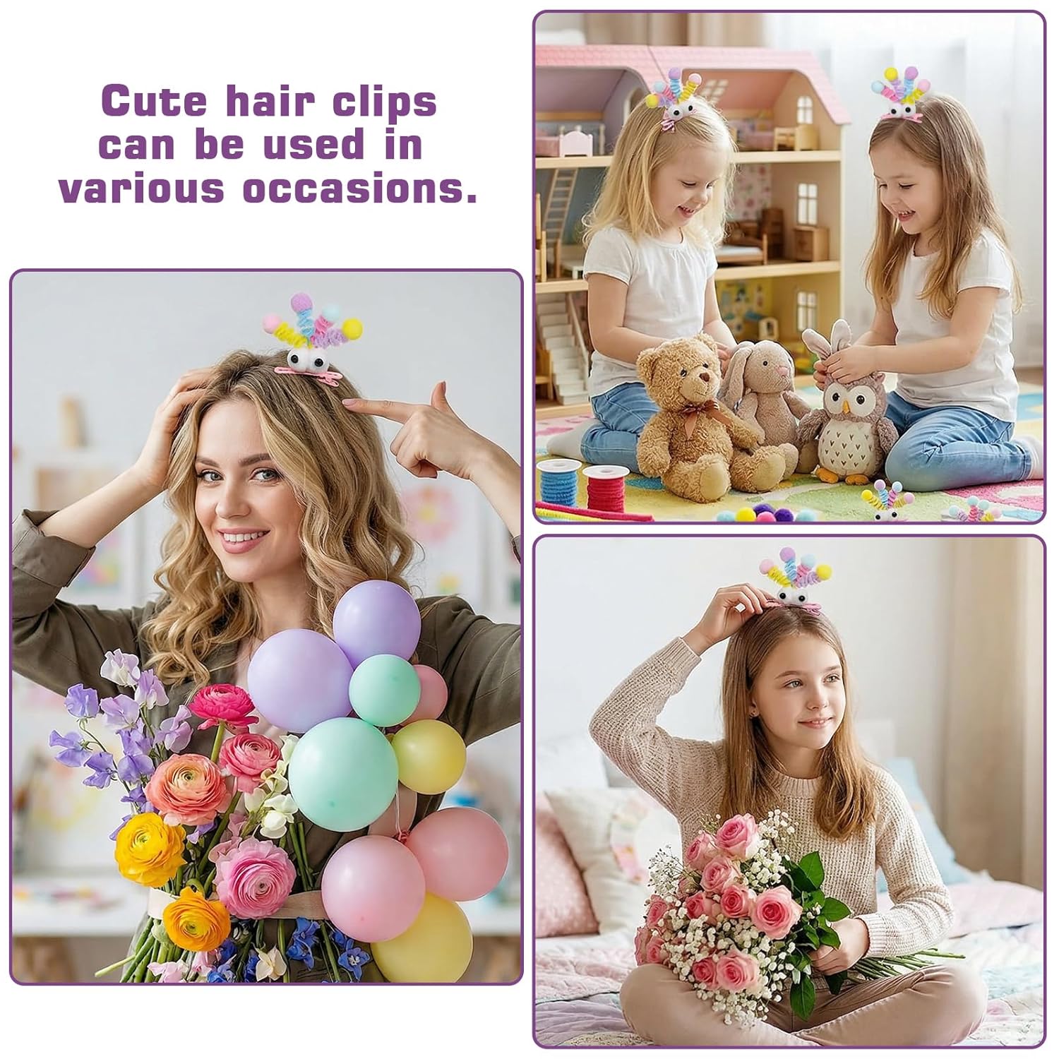 4 Pcs Fluffy Pom Poms Hair Clips Funny Plush Duckbill Hairpins Hair Barrettes Kawaii Cartoon Clips Non Slip Crazy Hair Day Accessories for Long Short Hairs Party Styling