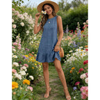 Halife Womens Casual Summer Dresses Tie Back Crew Neck Sleeveless Tank Mini Dress Ruffle Hem Flowy Beach Sundresses