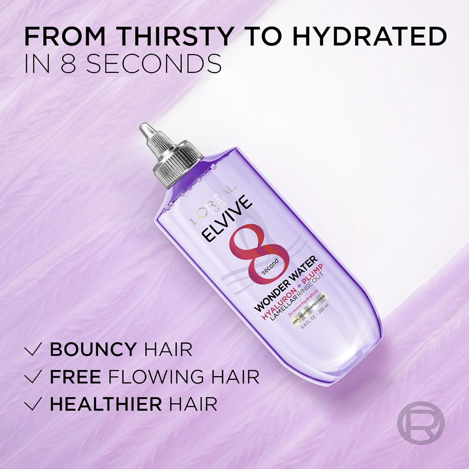 L'Oreal Paris Elvive Hyaluron Plump Flash Hydration Wonder Water Hair Rinse, 8 Second Hydrating Hair Care Treatment for Soft, Shiny Hair, 6.8 Fl Oz