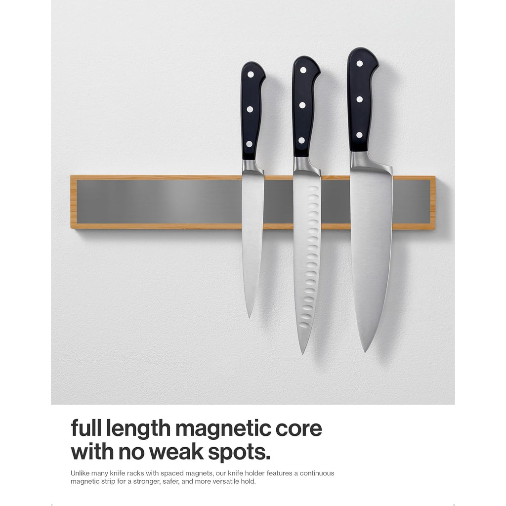 Larhn Magnetic Knife Holder For Wall Or Fridge - No-Drill Bamboo Knife Magnetic Strip, 16″ - Renter Friendly