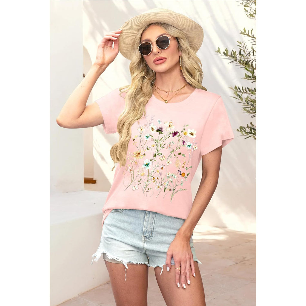 Graphic Tees for Women Short Sleeve Loose Fit Casual T Shirts Cute Boho Vintage Dressy Trendy Summer Tops Light Pink