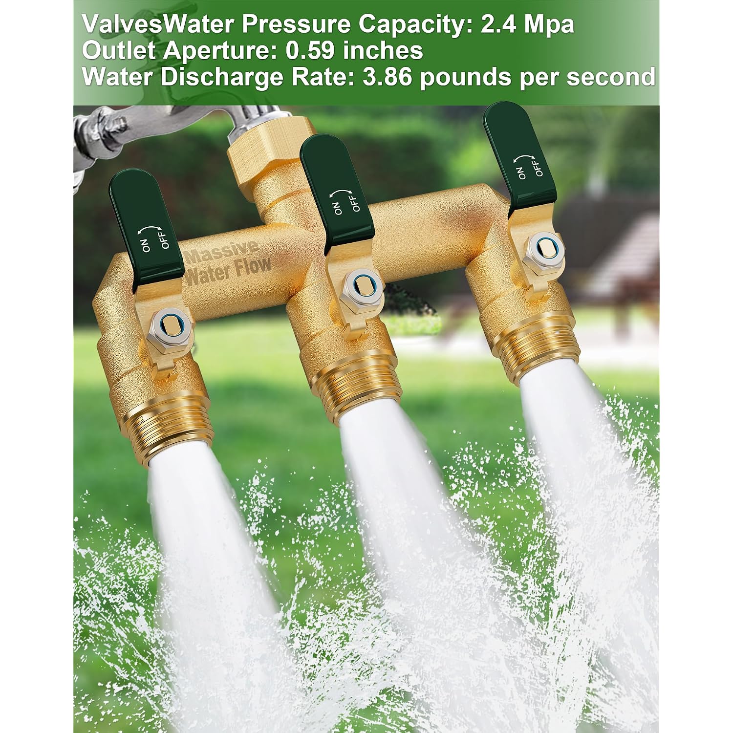 3 Way Hose Splitter, Heavy Duty Full Flow Garden Water Hose Bib Spigot Splitter, Brass Rust And Freeze Resistant Outdoor Faucet Splitter, T Adapter Connector With 3/4 - Inch Ght Thread （Green）