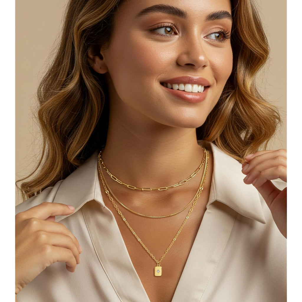 YEEZII Layered Gold Necklaces for Women Trendy, 3 Pcs 14K Gold Plated Choker Paperclip Box Chain Necklace, Stackable Women's Gold Pendant Necklaces Jewelry Set
