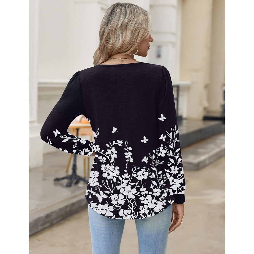 Long Sleeve Shirts for Women 2025 Casual Pleated V Neck Fall Tunic Tops Button Down Blouse Dressy Loose T-Shirts