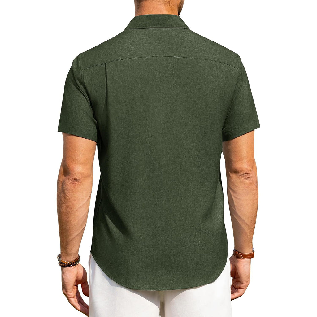 Alimens & Gentle Mens Linen Shirts Short Sleeve Button Down Shirts Wrinkle Free Casual Vacation Beach Summer Tops