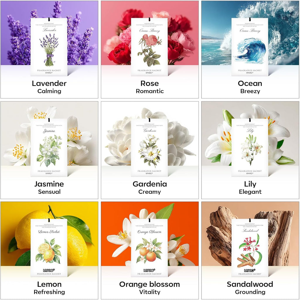 Myaro 12 Pack Assorted Floral Scented Sachets - Lavender, Rose, Jasmine, Ocean, Gardenia & Lily | Drawer, Closet & Car Air Freshener Bags | Multi-Scent Home Fragrance Gift Set