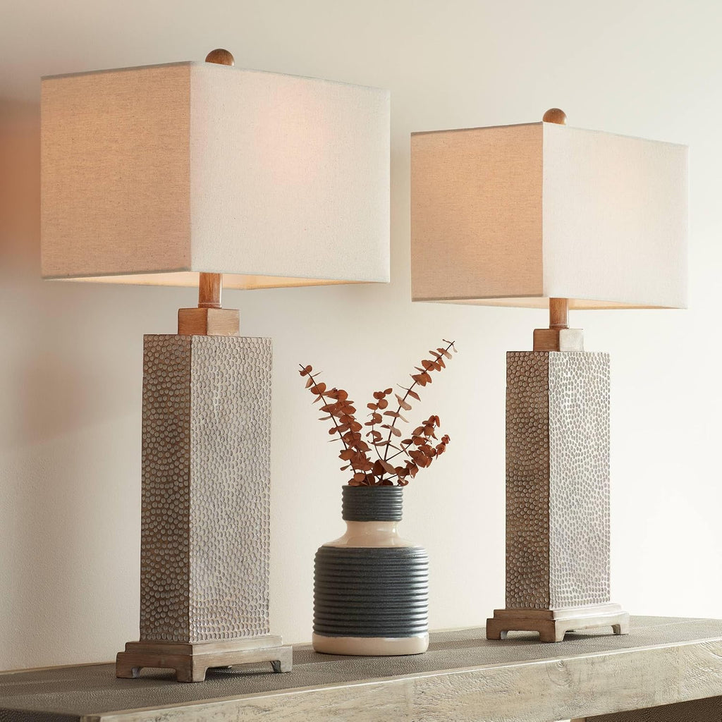 Caldwell 26 3/4" Tall Table Lamps Set Of 2 Hammered Base Farmhouse Rustic | Faux Wood Earth Bedroom Living Room House Home Bedside Nightstand Office Family Oatmeal Rectangular Shade