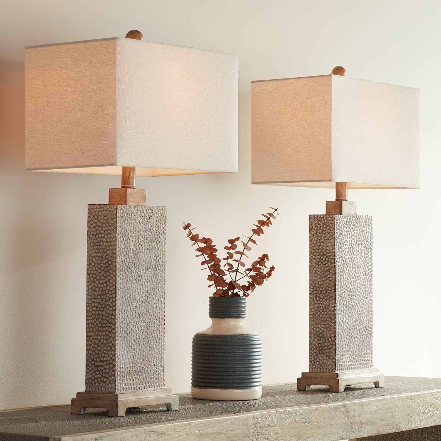 Caldwell 26 3/4" Tall Table Lamps Set Of 2 Hammered Base Farmhouse Rustic | Faux Wood Earth Bedroom Living Room House Home Bedside Nightstand Office Family Oatmeal Rectangular Shade