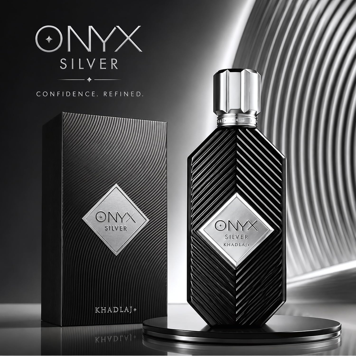 Khadlaj Onyx Silver – Fresh, Spicy, Woody, Amber – Eau De Parfum Spray Long-Lasting Fragrance For Men, 3.4 Ounce / 100Ml