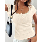 Prettygarden Summer Tops For Women 2026 Short Sleeve Lace Trim Slim Fitted Henley Tee Shirts Y2K Fashion Clothing