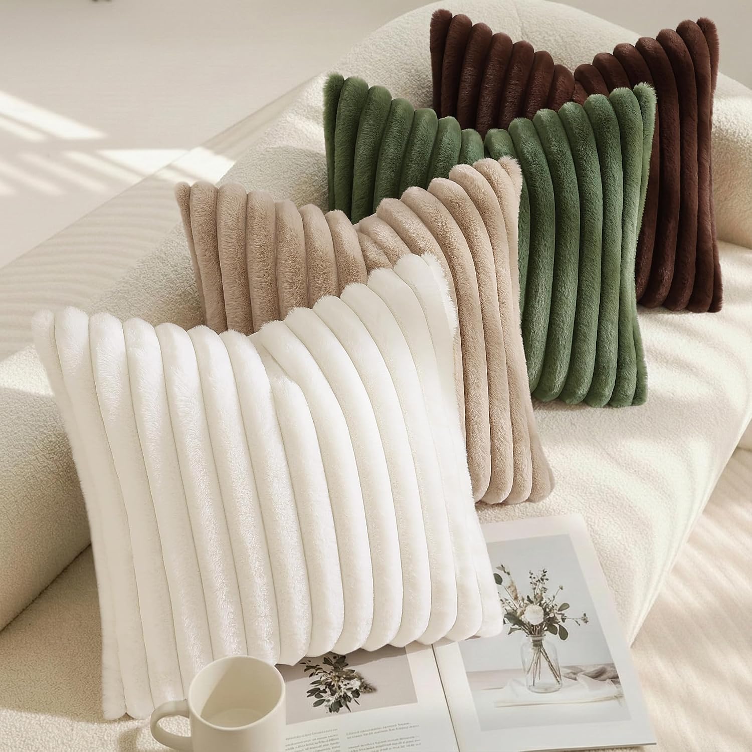 Decoruhome Fall Cozy Faux Fur Throw Pillow Covers 18X18 Set Of 2 Decorative Soft Plush Striped Modern Farmhouse Boho Couch Pillow Cases With Velvet Back For Sofa Bed Living Room, Cream White