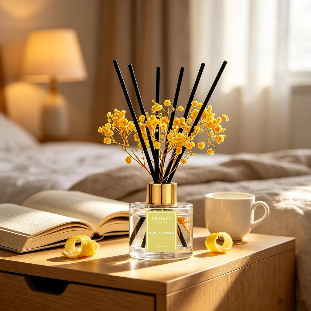 Reed Diffuser Set,3.38 Fl Oz (100 Ml) - Lemon Verbena Oil Diffusers With 6 Reed Sticks For Bathroom Shelf Decor
