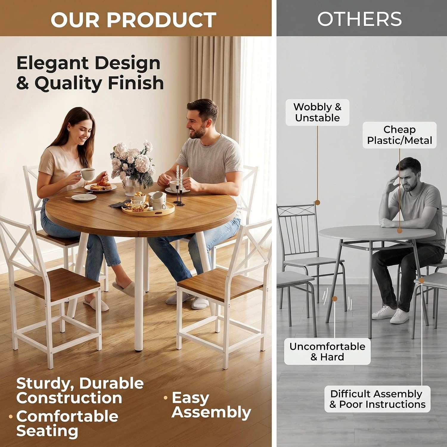 Ironck Round Dining Table Set For 4, Extendable Kitchen Table With 4 Chairs, 44.5" Drop Leaf Desk, Folding For Small Space, Apartment, Natural Wood